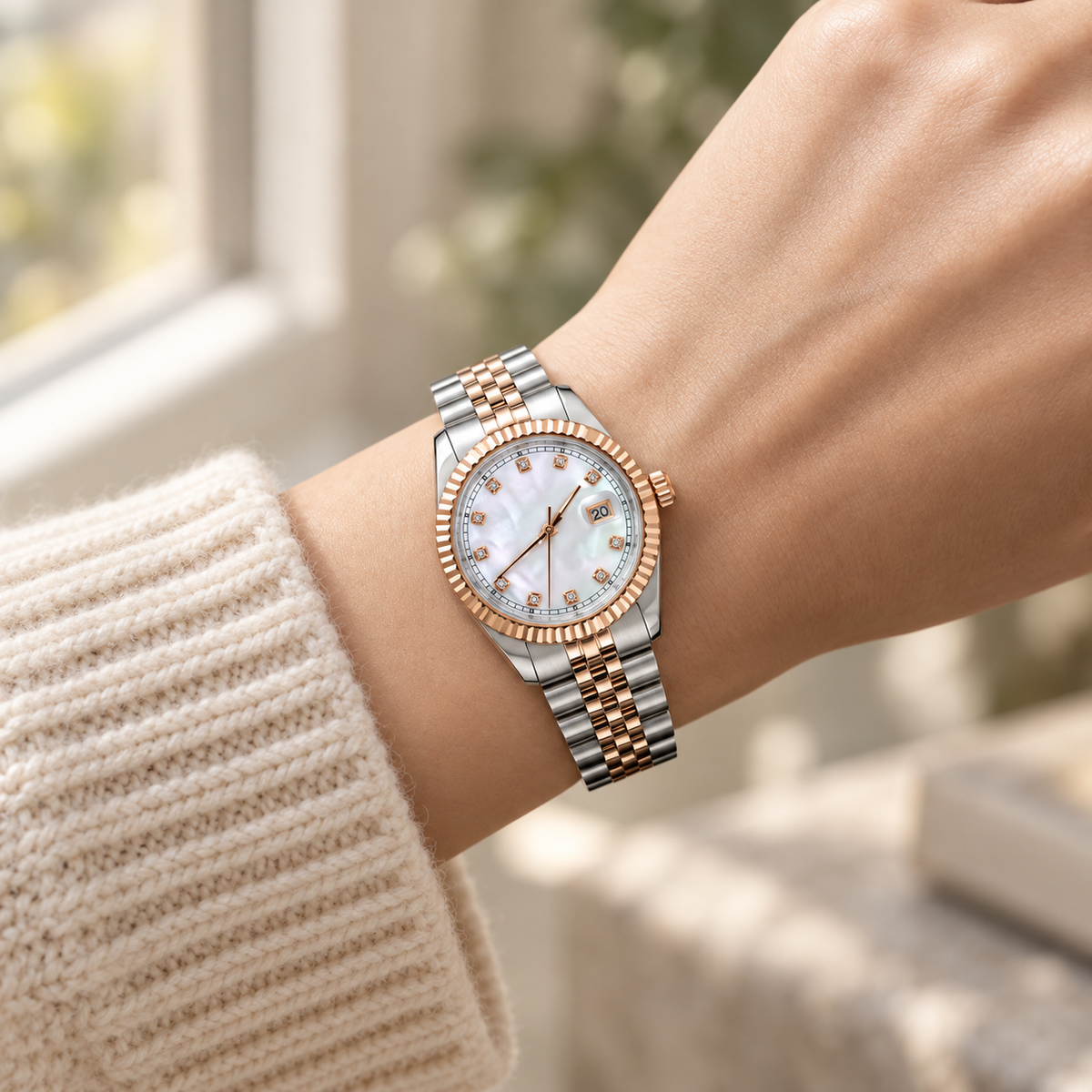 Rose Gold Mother-of-Pearl Crystal watch with date 20 worn with a cream knit cuff
