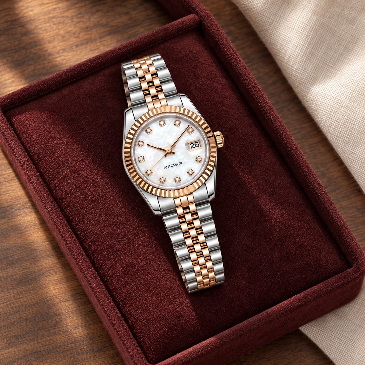 Lady Crownline two-tone mother-of-pearl watch laid on burgundy suede with rose-gold bezel and Jubilee bracelet