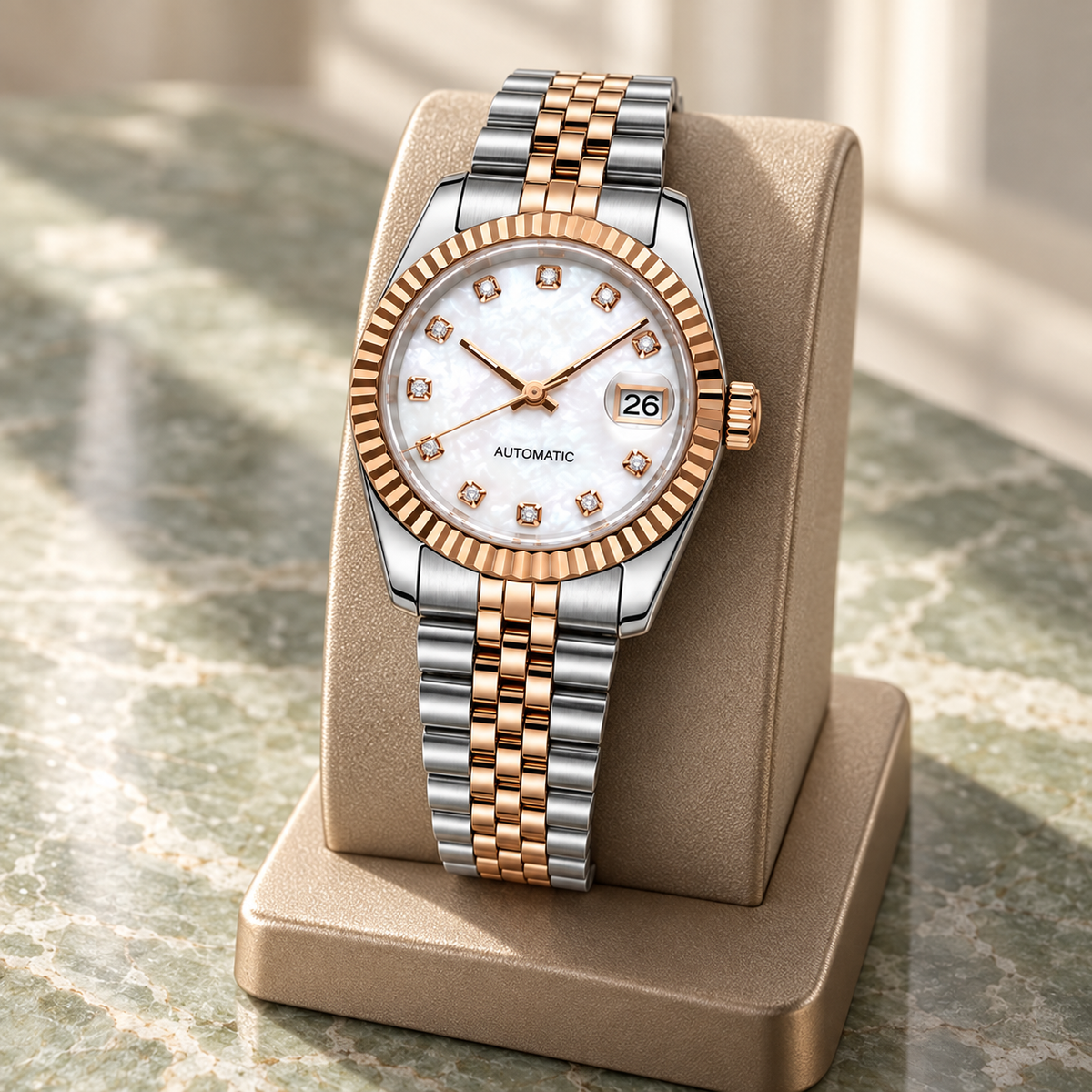 Lady Crownline two-tone watch with mother-of-pearl dial and date 26 on a champagne display stand
