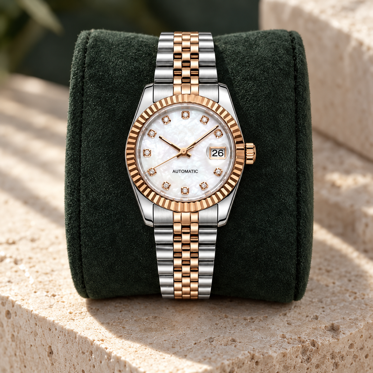 Lady Crownline two-tone rose gold and steel watch with mother-of-pearl dial, date 26, and crystal markers on a forest-green suede cushion