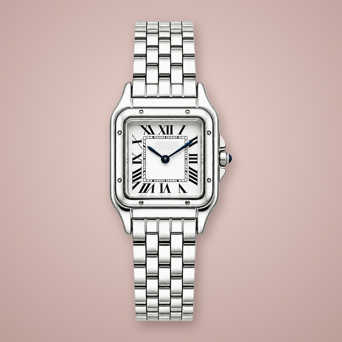 Front view of the Lady Santé Square – Classic with a white Roman-numeral dial, blue hands, polished stainless-steel square case and integrated link bracelet on a blush studio background.