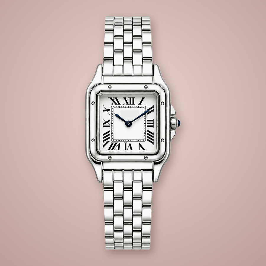 Front view of the Lady Santé Square – Classic with a white Roman-numeral dial, blue hands, polished stainless-steel square case and integrated link bracelet on a blush studio background.
