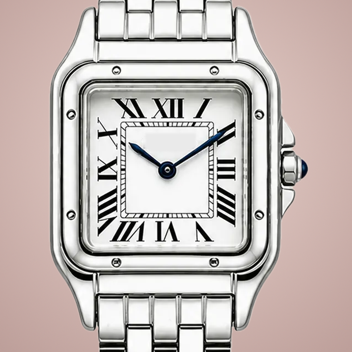 Close-up of the Lady Santé Square – Classic's white Roman-numeral dial, blue hands, and polished square bezel and case on a blush studio background.