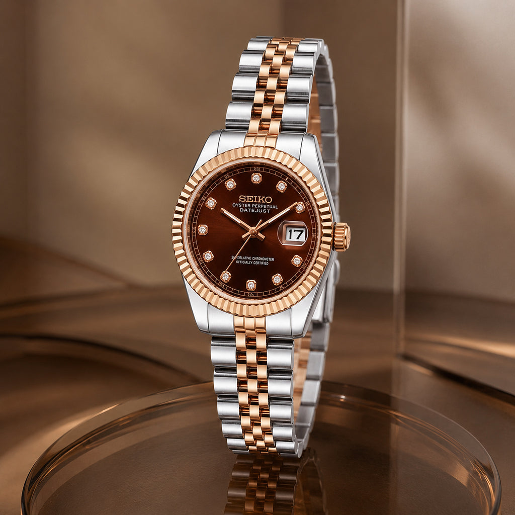 Seiko Ladyjust Rose Chocolate Diamond by CrownLab — additional view of the dial and bracelet
