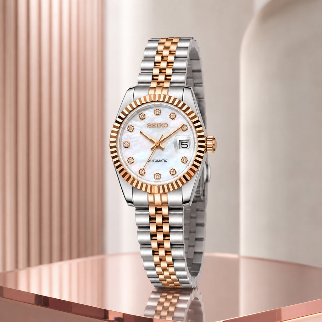 Seiko Ladyjust Rose Gold Pearl Diamond by CrownLab — additional view of the dial and bracelet