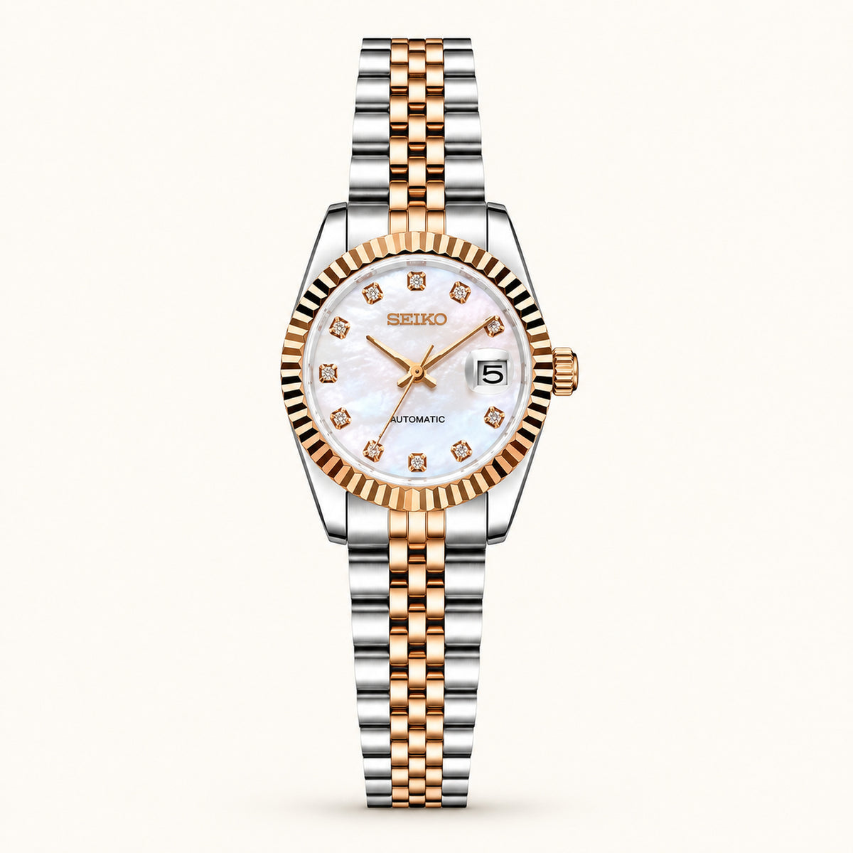 Seiko Ladyjust Rose Gold Pearl Diamond — women's automatic luxury watch by CrownLab