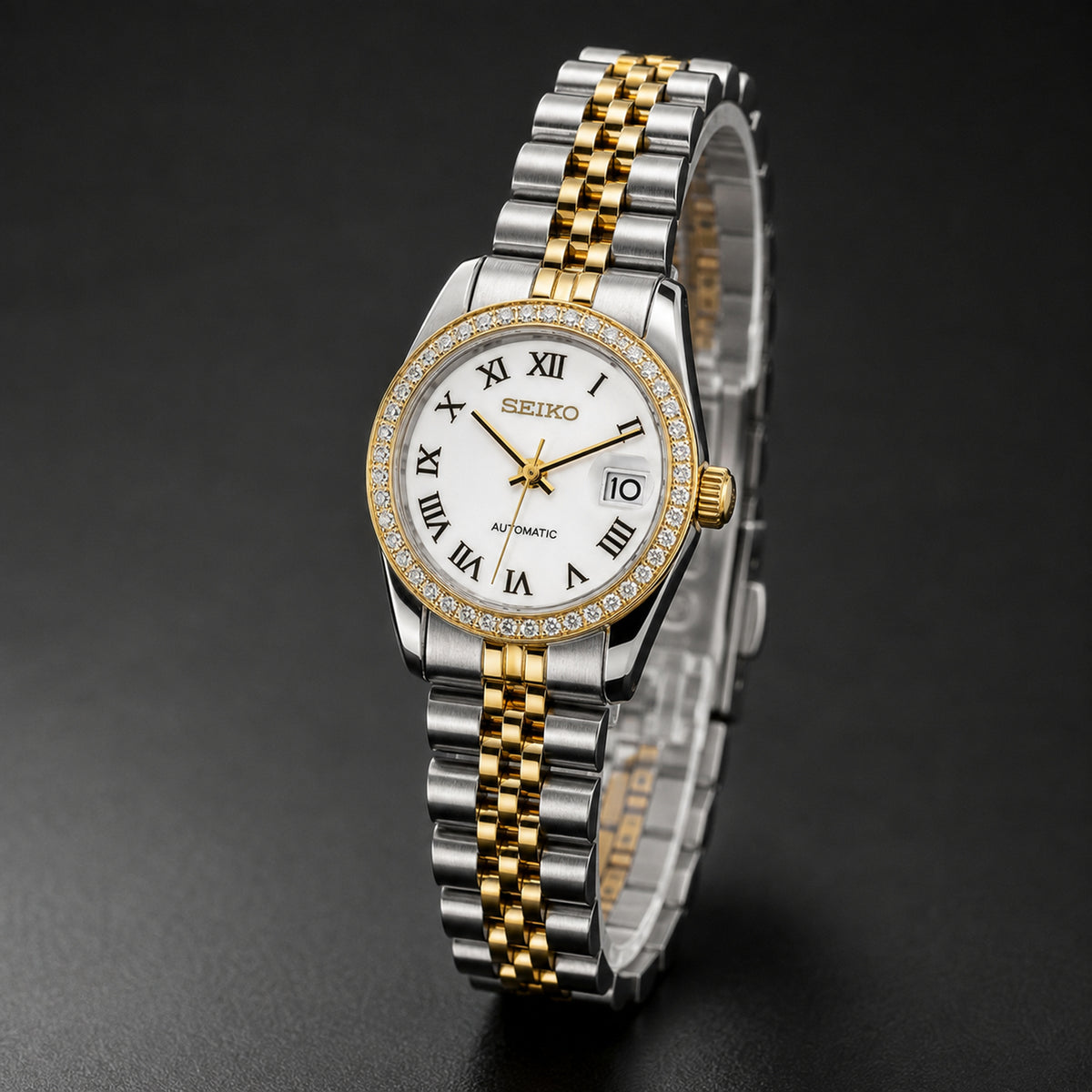 Seiko Ladyjust Two Tone White Roman Diamond by CrownLab — additional view of the case and finish