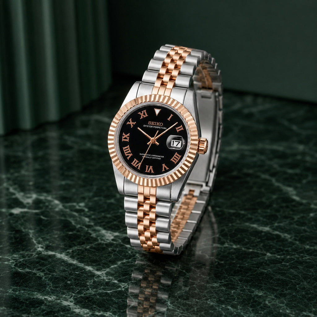Seiko Ladyjust Two Tone Rose Gold Black Roman by CrownLab — additional view of the dial and bracelet
