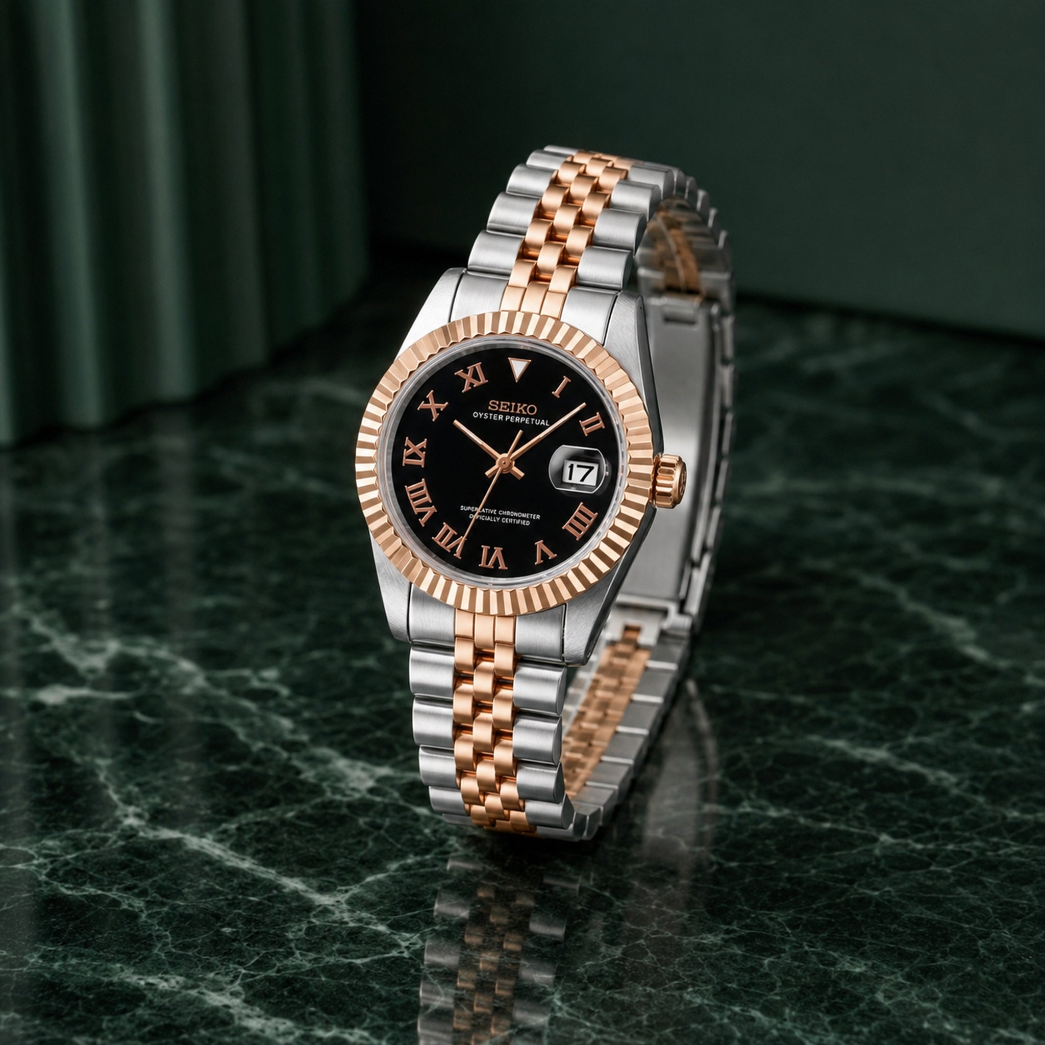 Seiko Ladyjust Two Tone Rose Gold Black Roman by CrownLab — additional view of the dial and bracelet