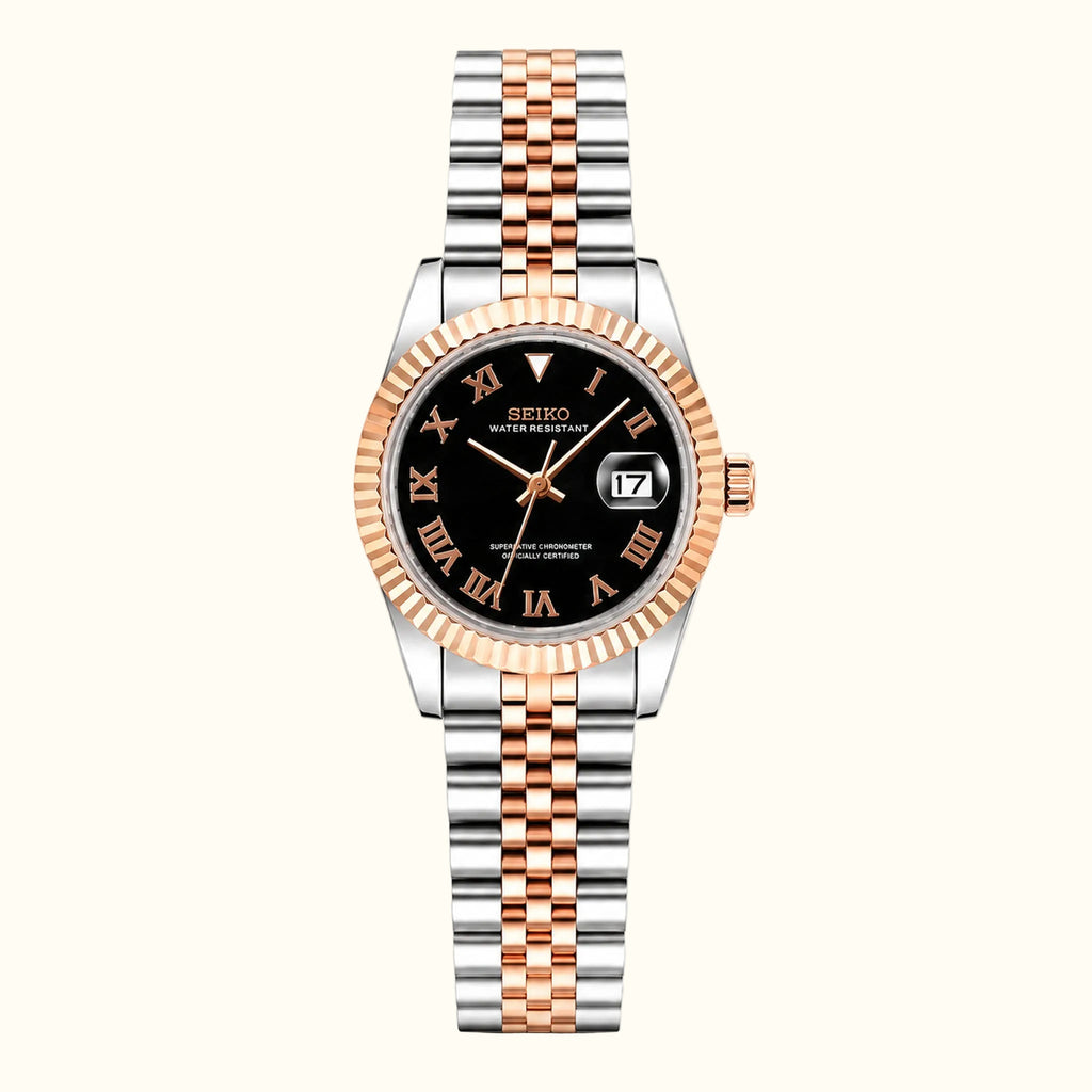 Seiko Ladyjust Two Tone Rose Gold Black Roman — women's automatic luxury watch by CrownLab