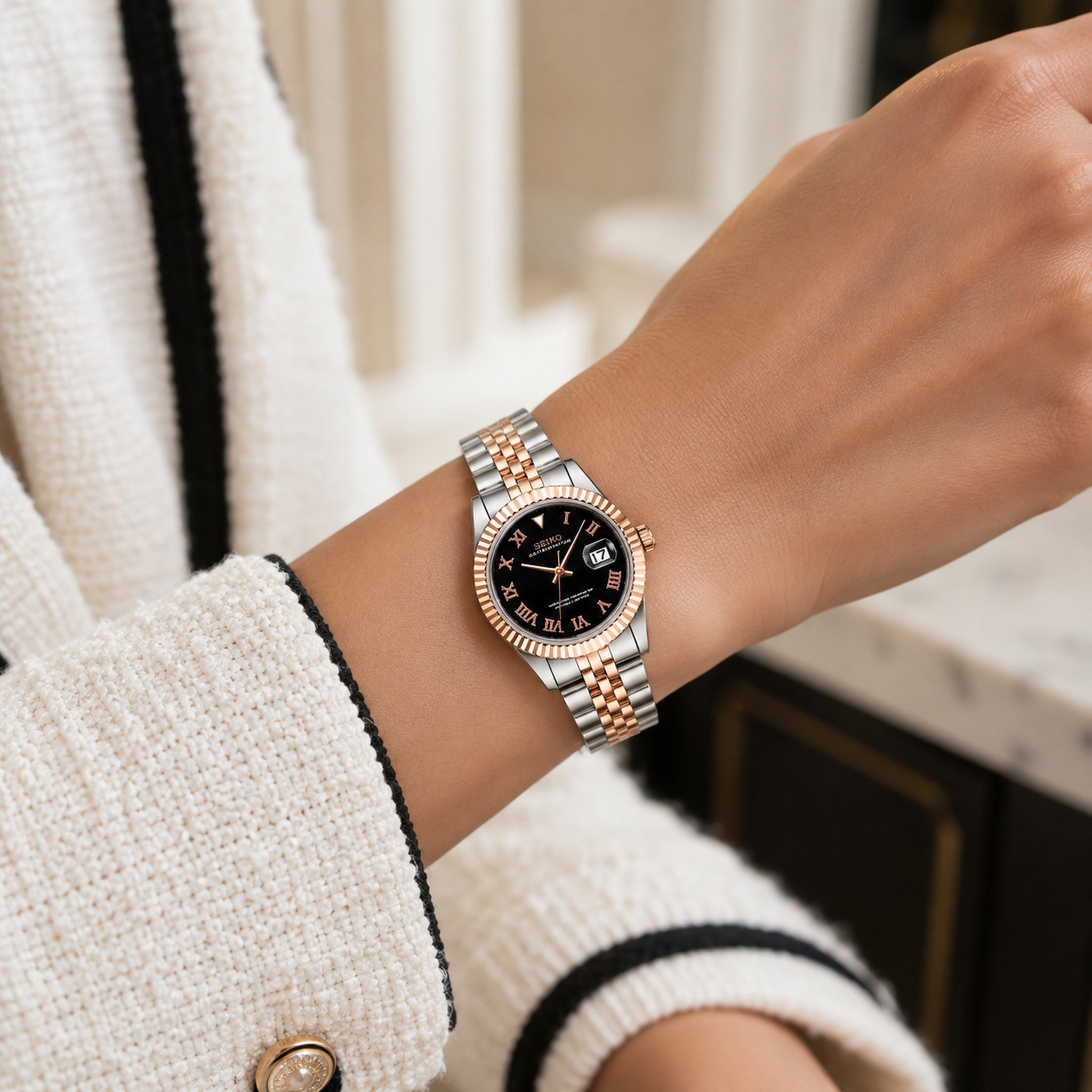 Seiko Ladyjust Two Tone Rose Gold Black Roman by CrownLab — additional view of the case and finish