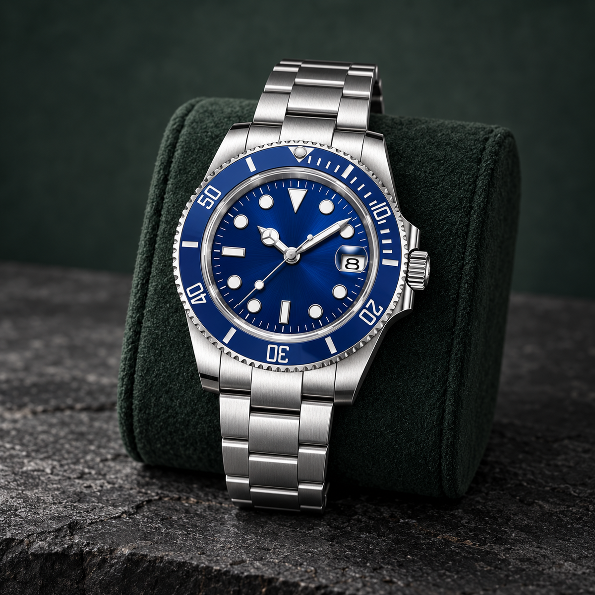 Marine Diver Abyss Blue Three-Link bracelet on forest suede cushion over dark basalt
