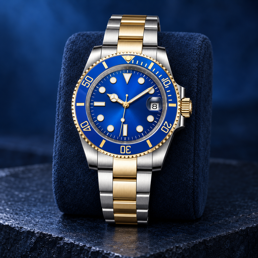 Marine Diver Blue and Gold with Three-Link steel bracelet upright on a midnight blue cushion