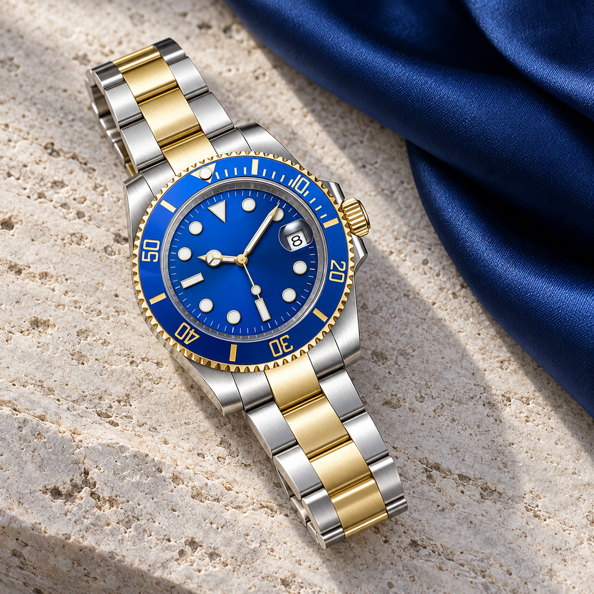 Marine Diver Blue and Gold with Three-Link bracelet laid on limestone beside ink blue silk