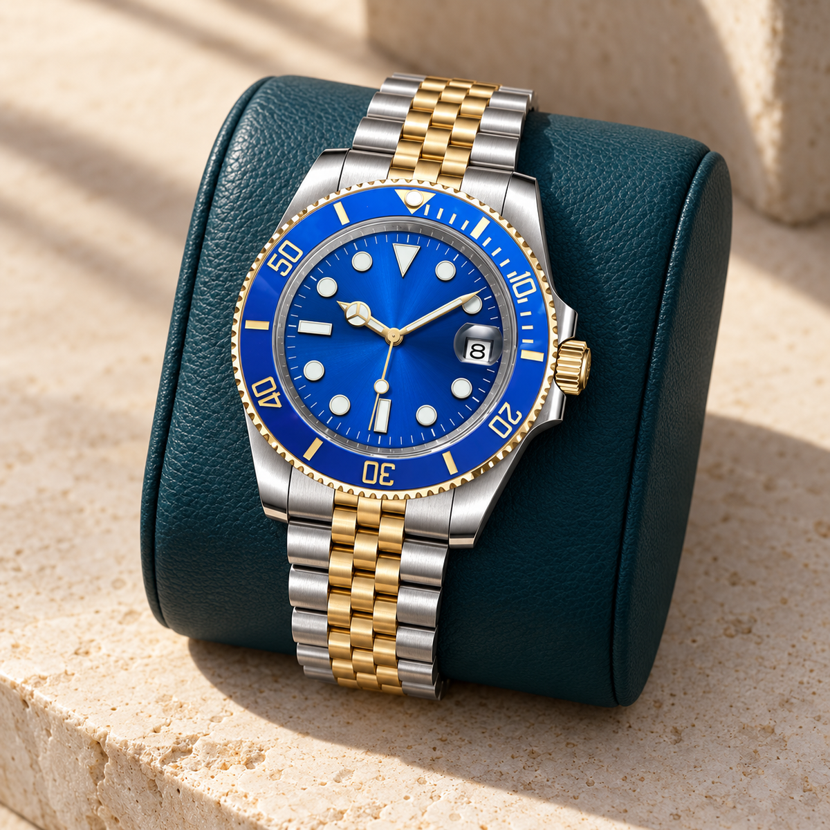 Marine Diver Blue and Gold with Jubilee bracelet on a teal leather cushion over limestone