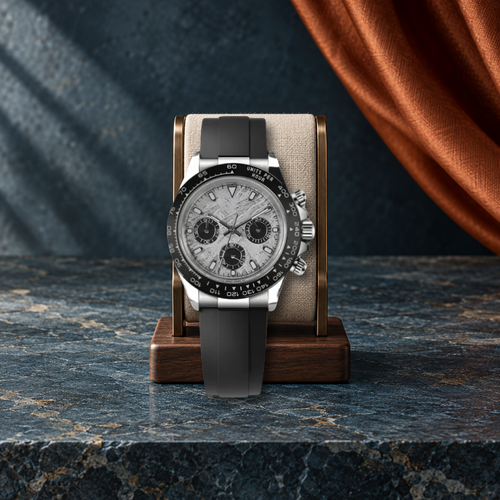 Meteorite Sport VK63 chronograph, properly scaled on linen cushion with walnut stand and petrol stone