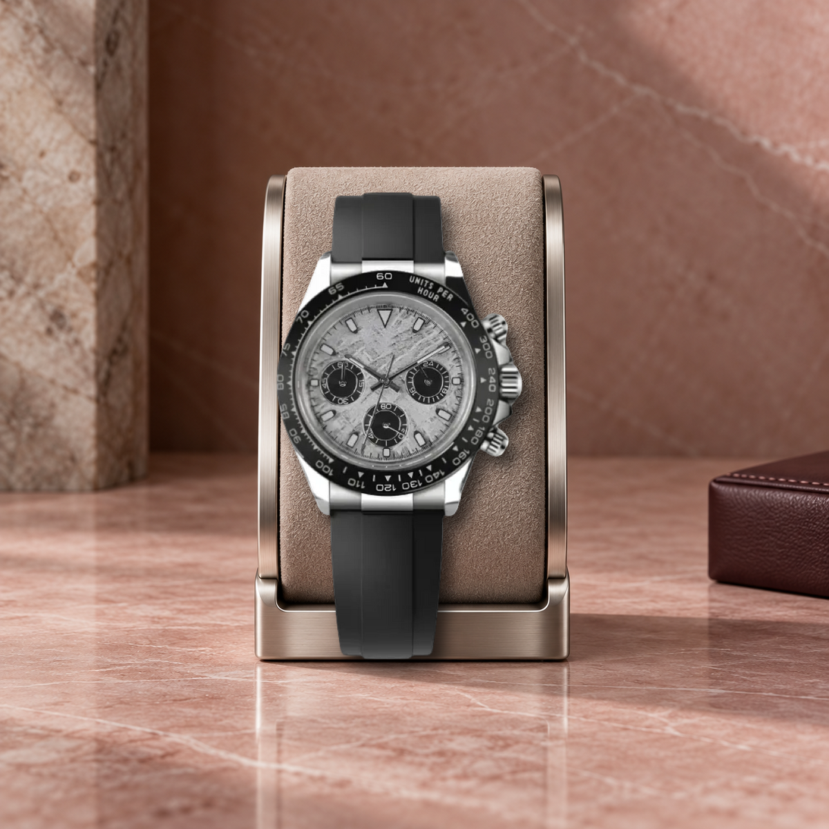 Meteorite Sport VK63 chronograph, properly scaled on taupe suede cushion and satin silver watch stand