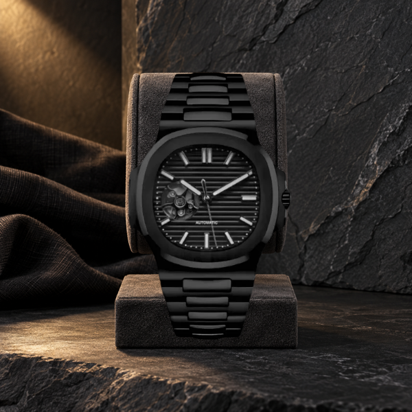 Open Heart Nautiko Stealth Black on charcoal suede display against graphite stone
