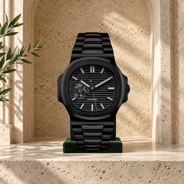 Open Heart Nautiko Stealth Black on forest-green suede against warm travertine