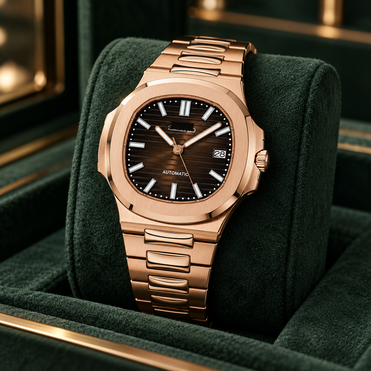 Nautiko Chocolate on forest-green suede cushion; closed chocolate dial and date