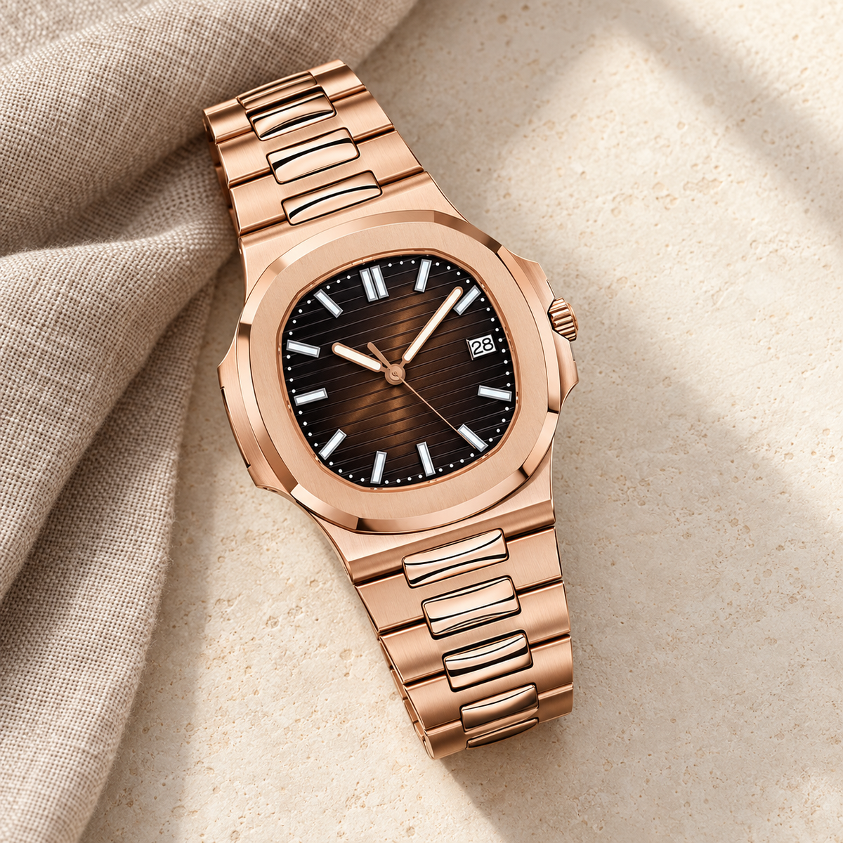 Nautiko Chocolate laid on ivory surface with flax linen; brown dial and date