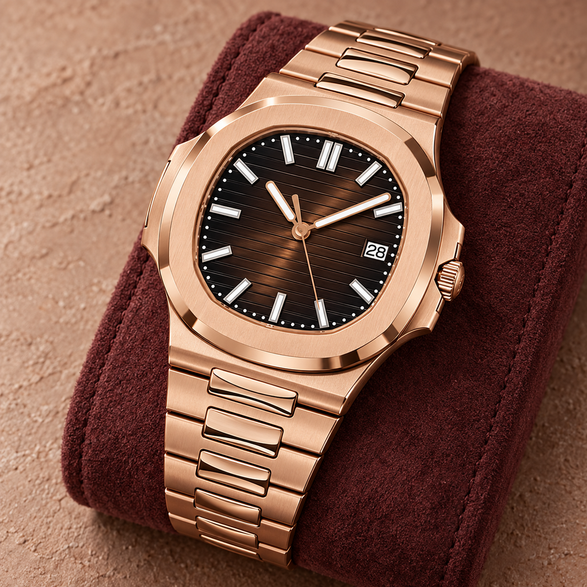 Nautiko Chocolate crown-side view on burgundy suede; closed striped brown dial