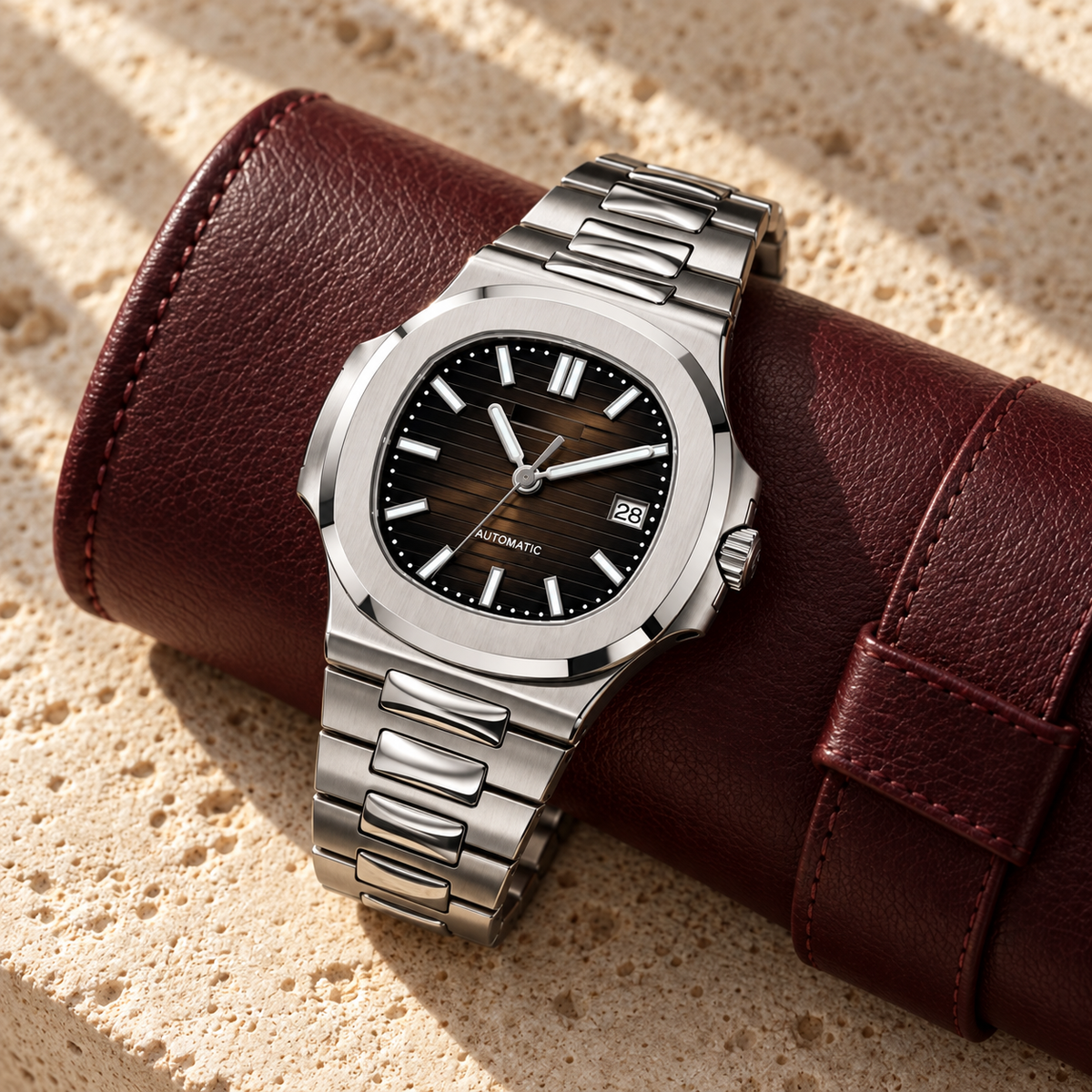 Nautiko Dark Oak watch on a burgundy leather watch roll and pale travertine