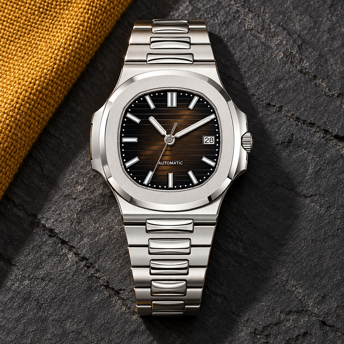 Nautiko Dark Oak watch on charcoal slate with mustard textile