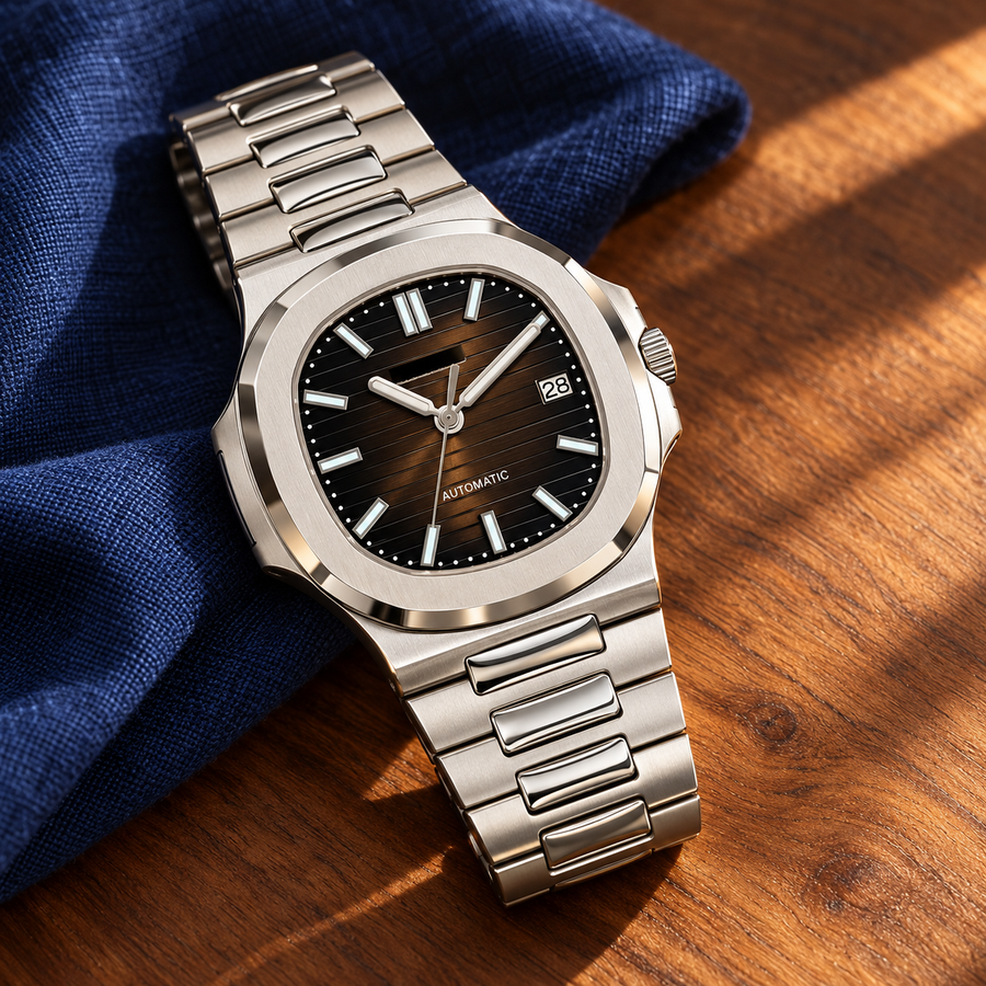Nautiko Dark Oak integrated steel watch on warm walnut with navy linen