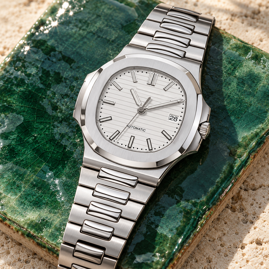Nautiko Ghost White integrated-bracelet watch laid on emerald ceramic and limestone