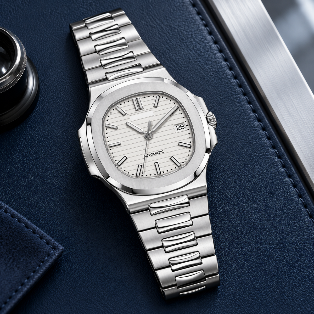 Nautiko Ghost White watch on an ink-blue leather watchmaker's mat