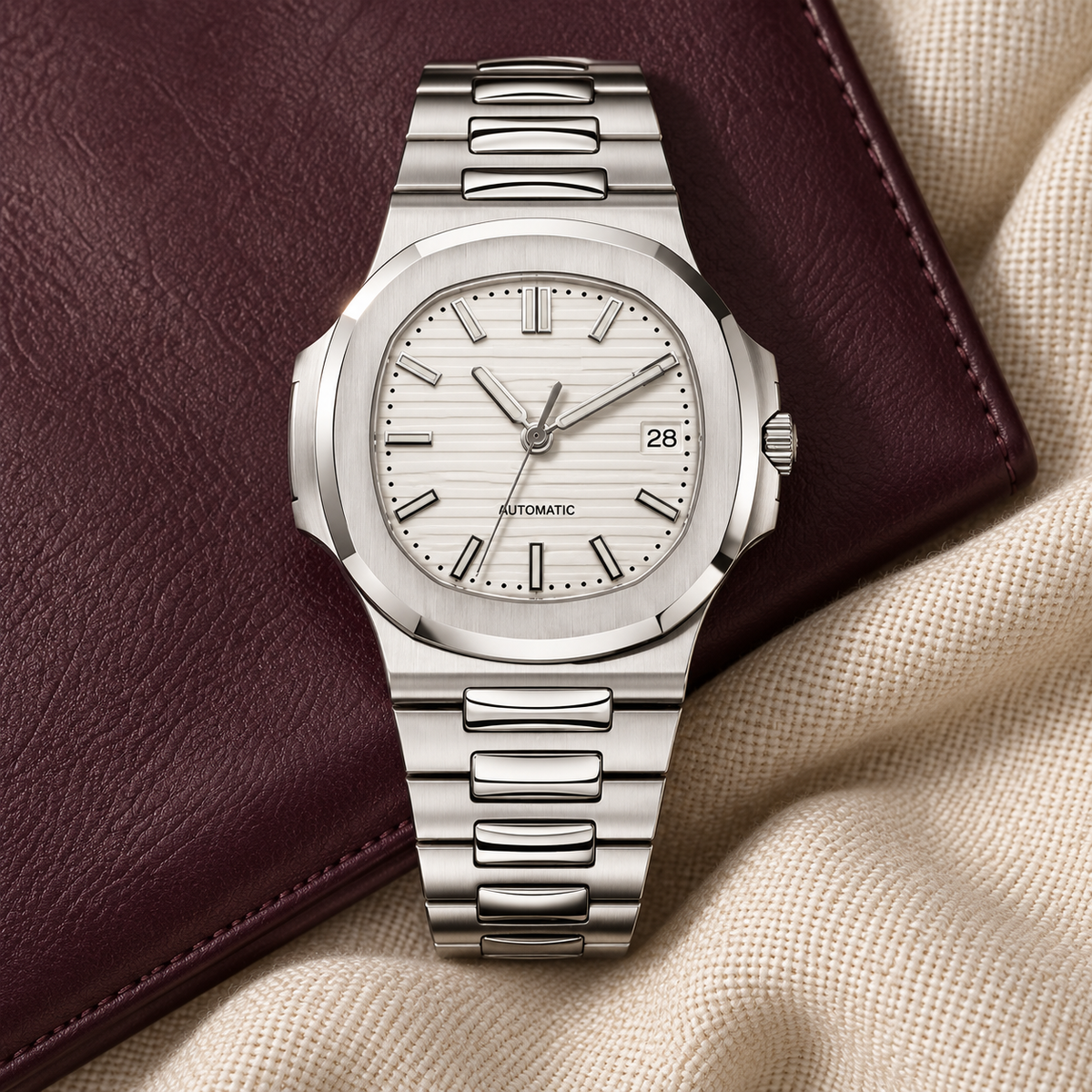 Nautiko Ghost White watch on plum leather and ivory woven cloth