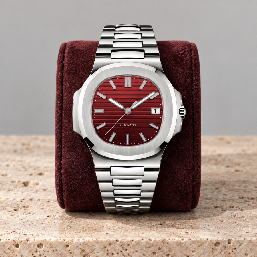 Nautiko Red Velvet red-ridged automatic watch upright on burgundy suede and travertine