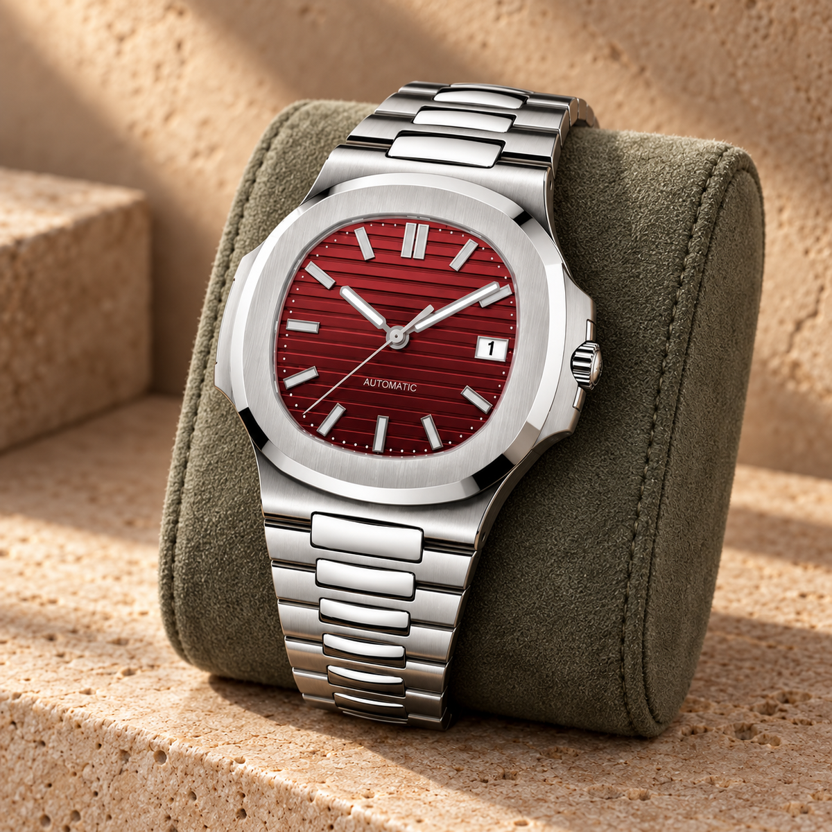 Nautiko Red Velvet red-ridged automatic watch on a sage suede crown-side cushion and travertine