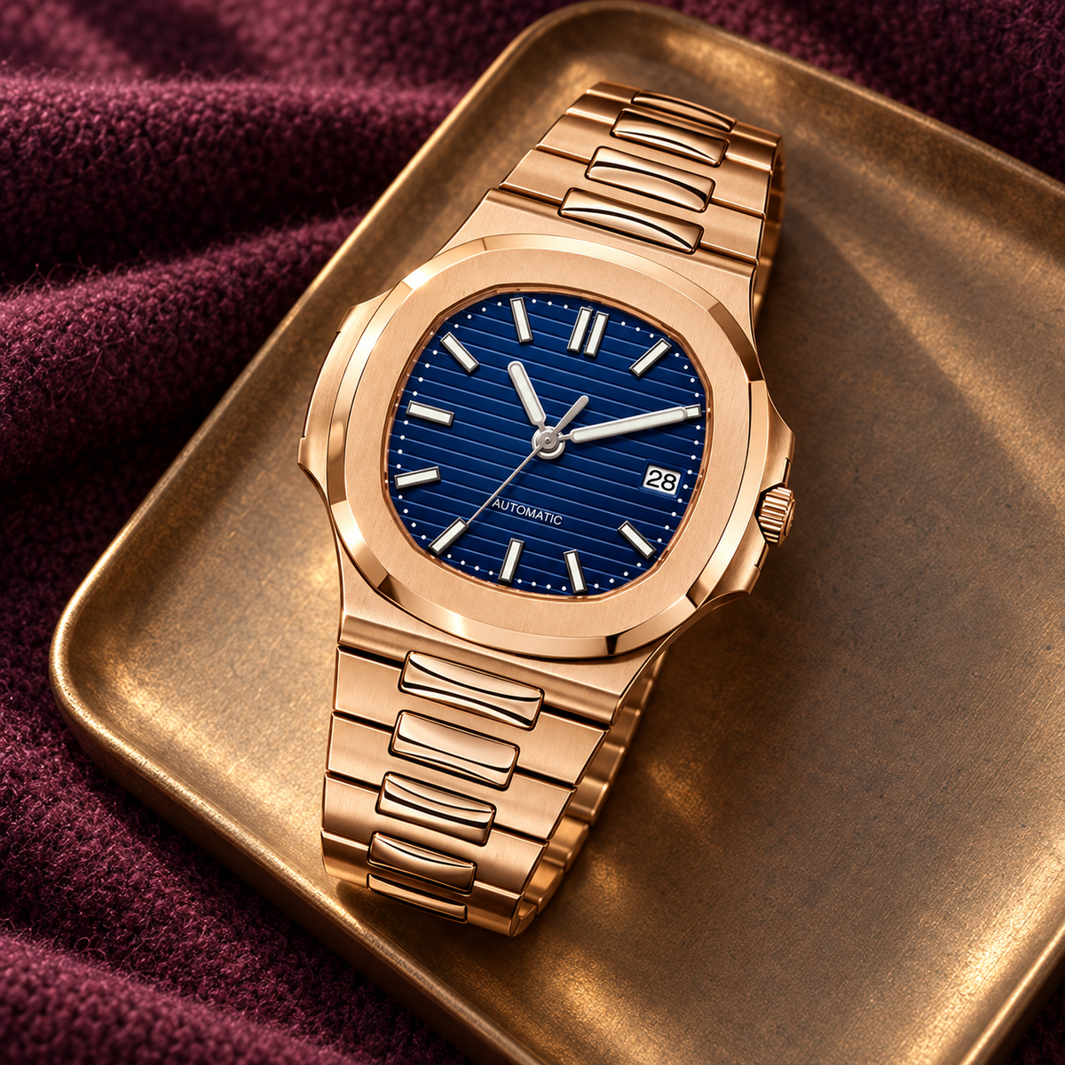 Nautiko Rose Gold and Abyss Blue watch on a bronze tray over plum wool