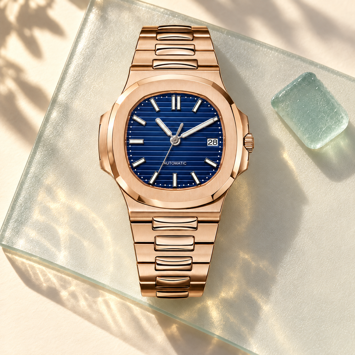 Nautiko Rose Gold and Abyss Blue watch on frosted glass with a sea-glass accent