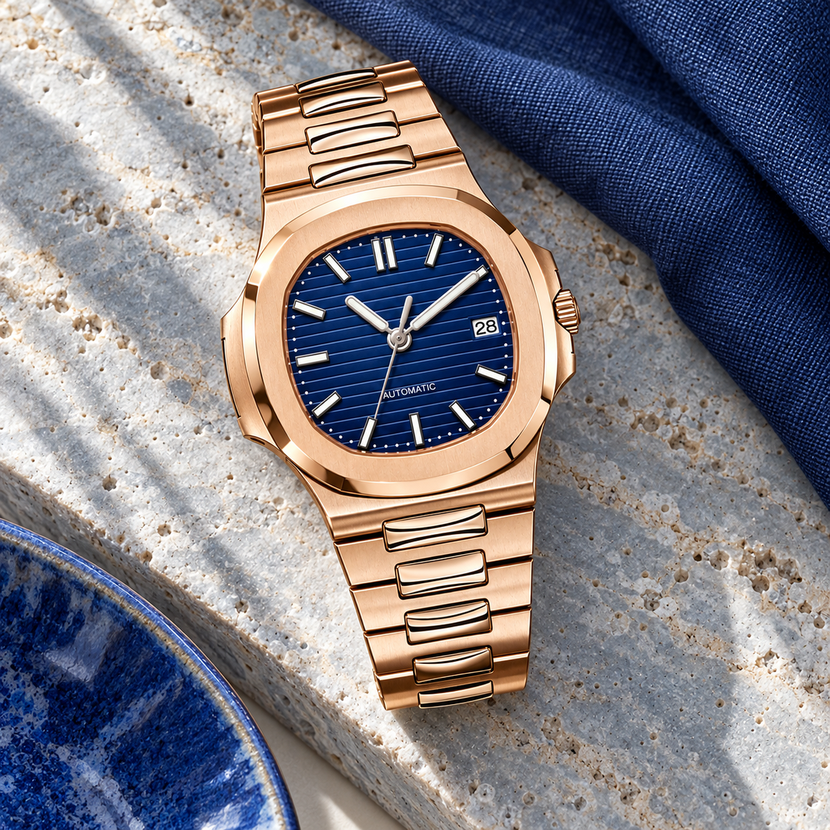 Nautiko Rose Gold and Abyss Blue integrated-bracelet watch on travertine with navy linen