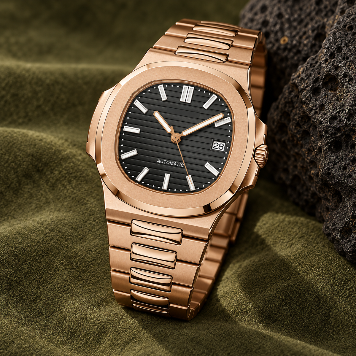 Nautiko Rose Gold and Stealth Black watch on moss suede beside volcanic stone