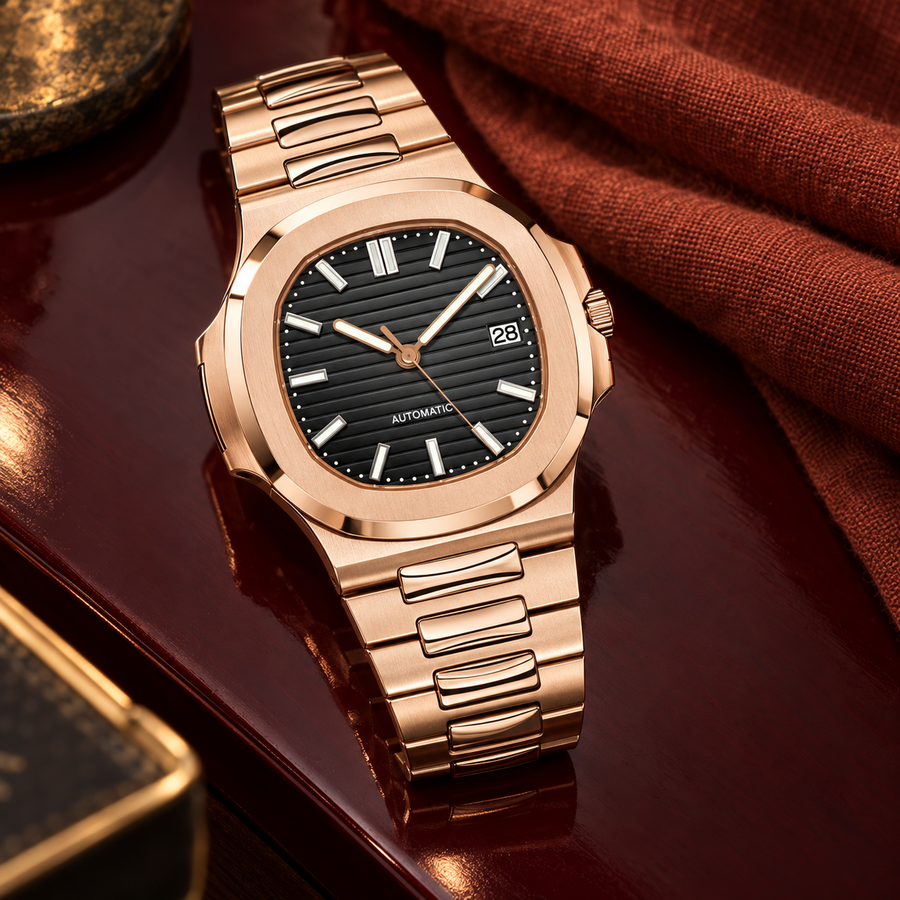 Nautiko Rose Gold and Stealth Black integrated watch on oxblood lacquer and rust linen