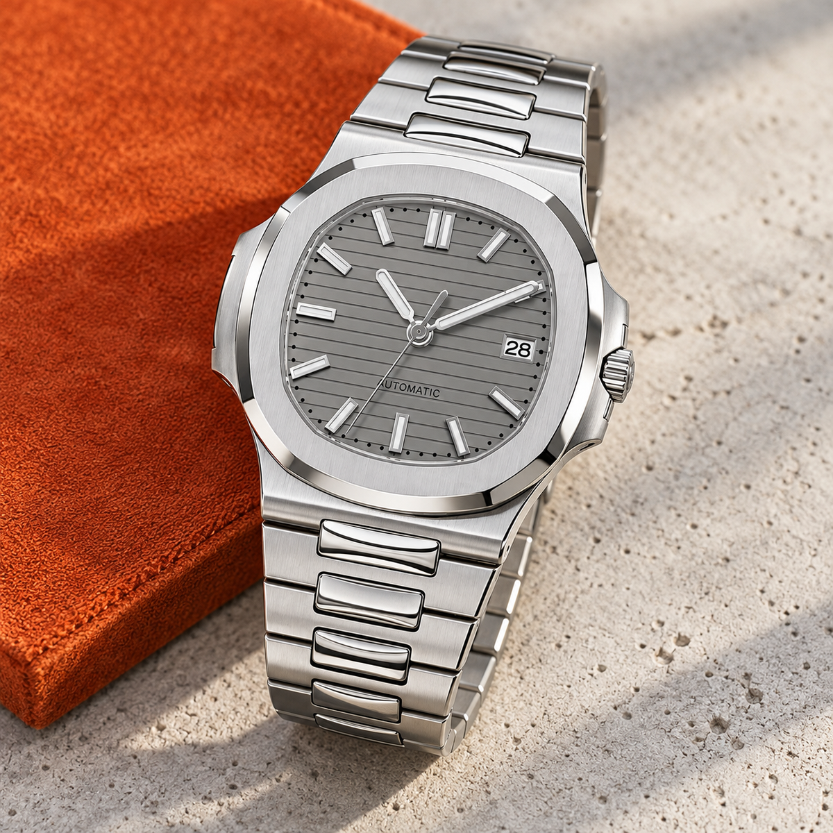 Nautiko Sports Grey watch beside burnt-orange suede on pale stone