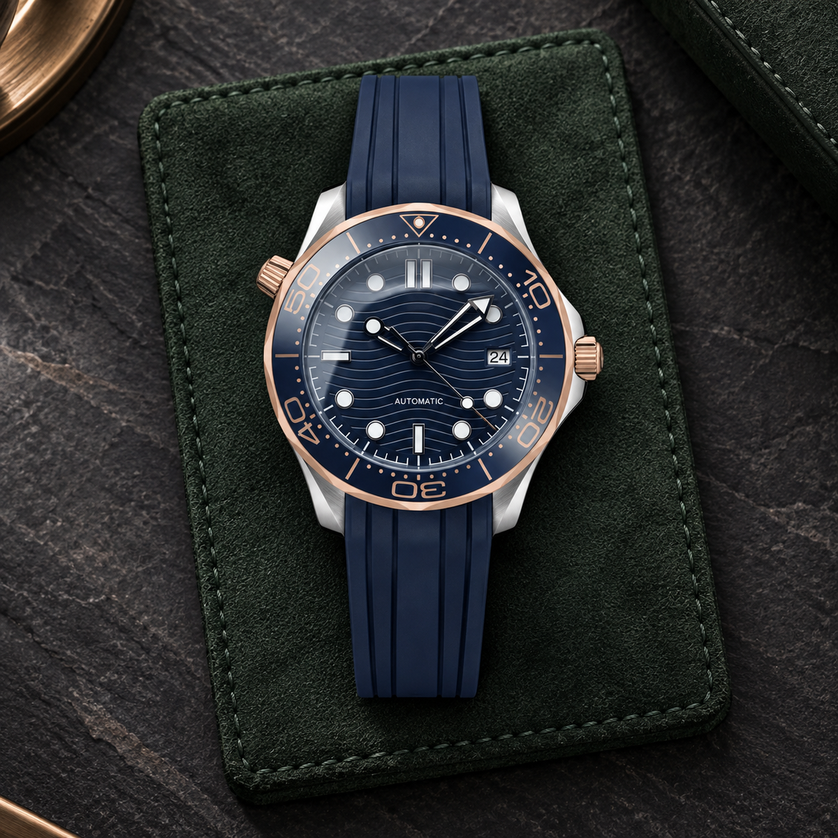 Oceanline Diver Prestige on forest-green suede over charcoal slate