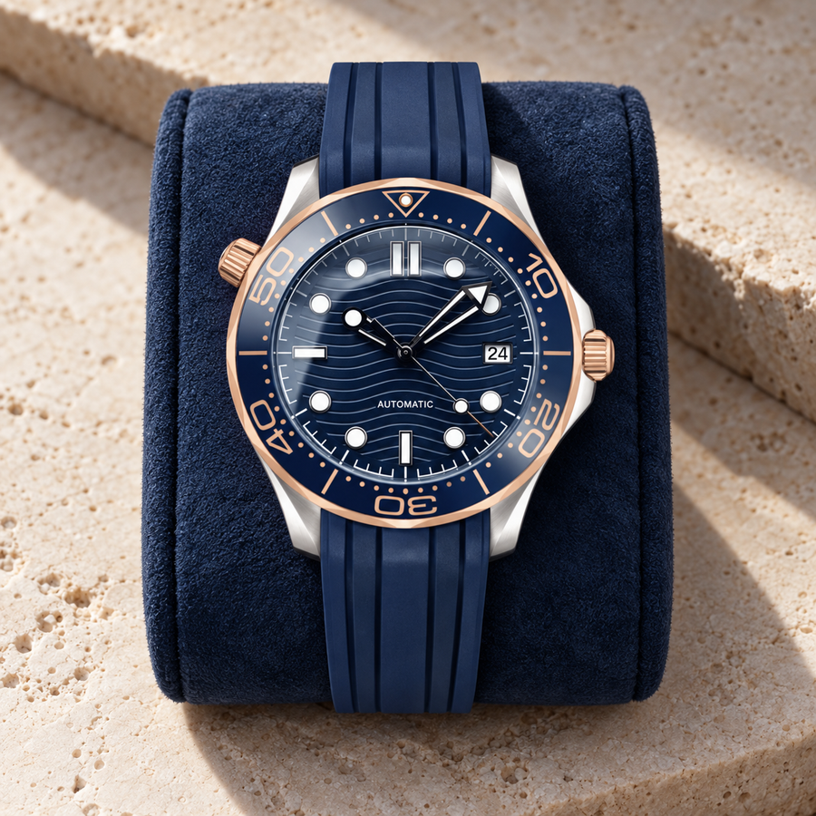 Oceanline Diver Prestige blue wave dial on a navy suede cushion over limestone