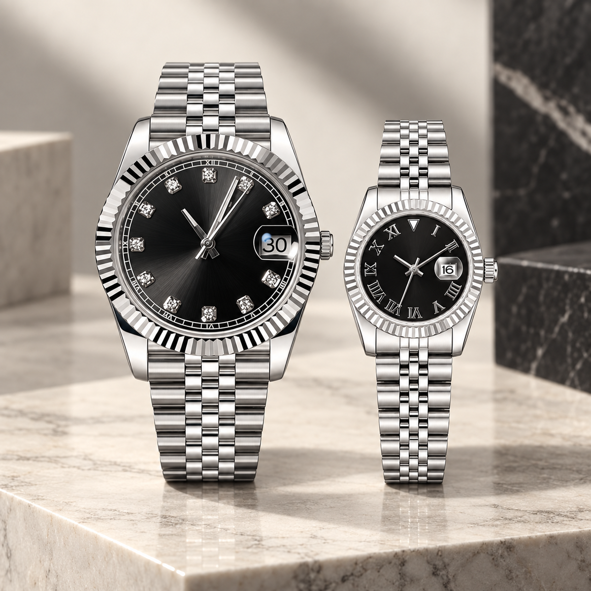 Onyx Black couple watches paired hero — His and Hers