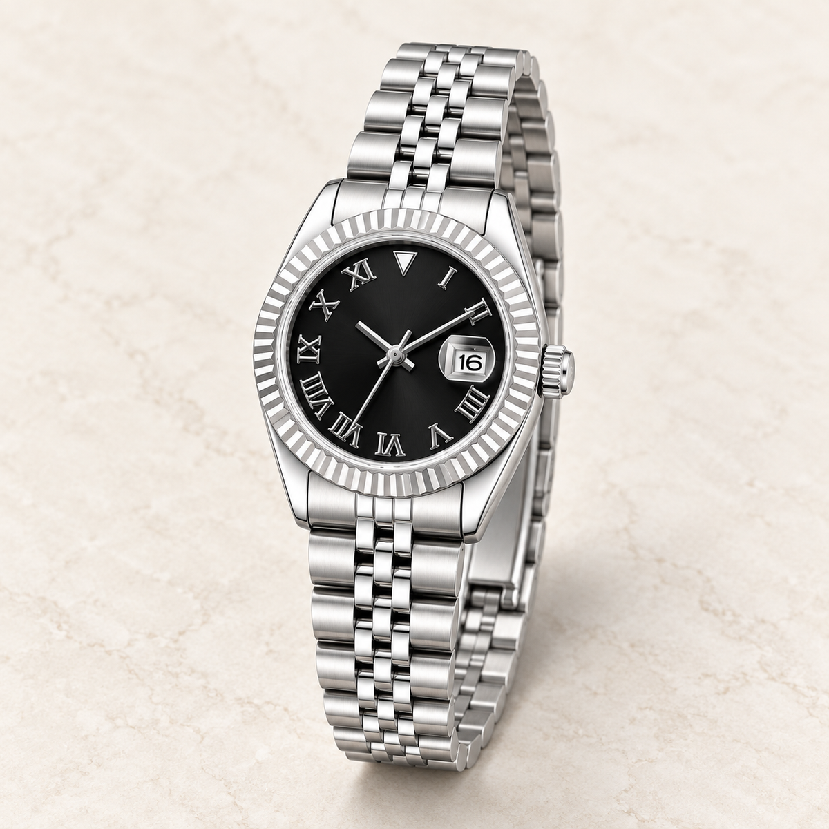 Hers Onyx Black Roman numeral watch with date 16