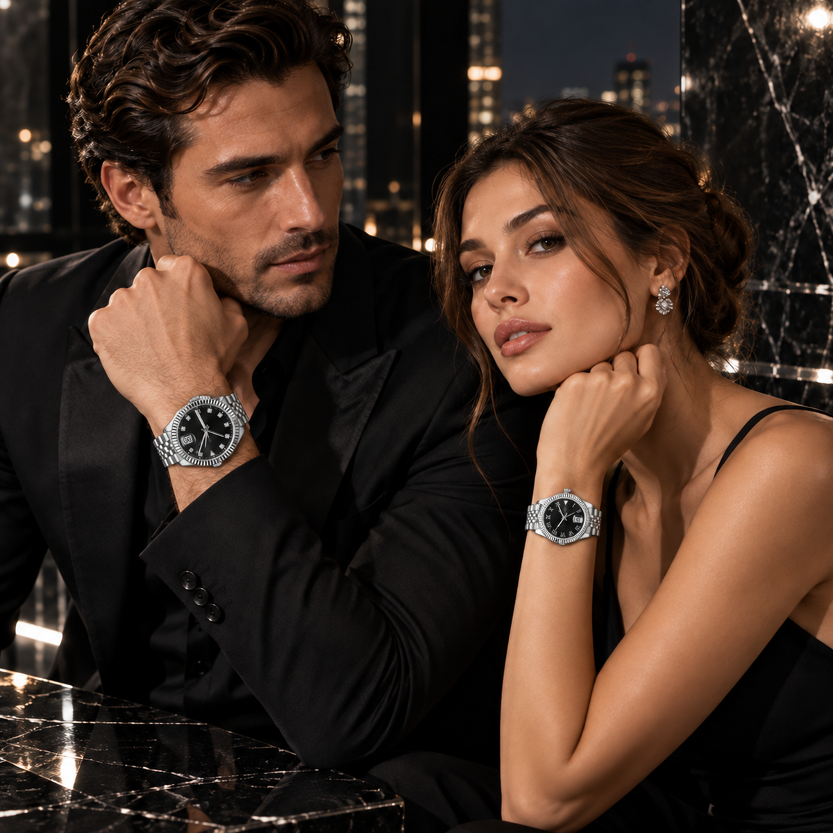 Onyx Black couple watches worn naturally with the men's face turned correctly