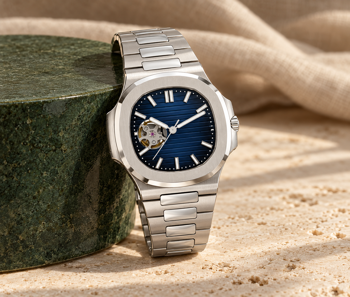 Open Heart Nautiko Abyss Blue supported against a sage ceramic block