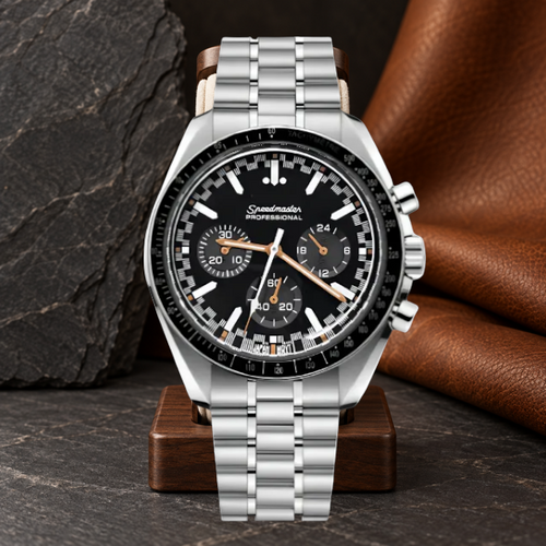Speedline Chronograph Orbit on an ivory suede walnut watch stand against graphite slate