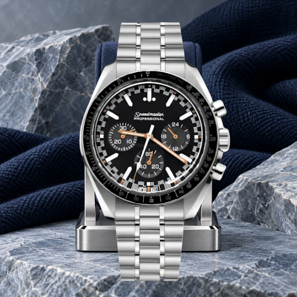 Speedline Chronograph Orbit supported on a brushed-steel stand with navy wool and blue-gray stone