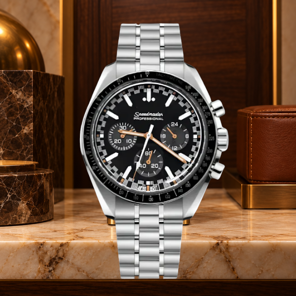 Speedline Chronograph Orbit on a camel-leather support against walnut and cream marble