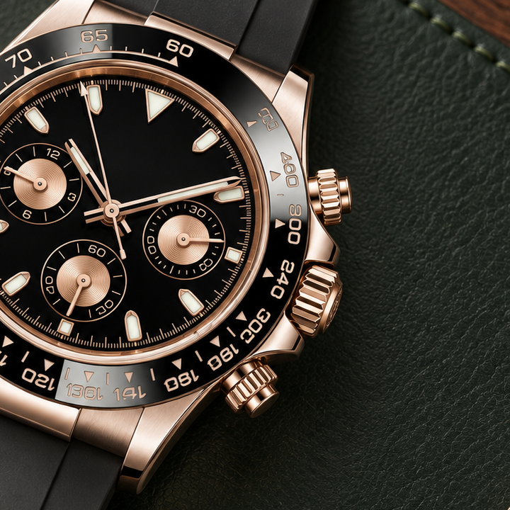 Close-up of the Rose Gold Sport chronograph's rose-gold-tone crown and pushers beside the tachymeter bezel.